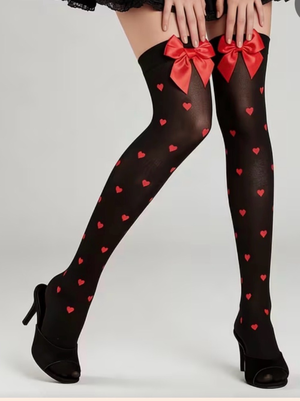 Red Heart-Print Black Thigh High Socks with Red Bow - Picture 6 of 7